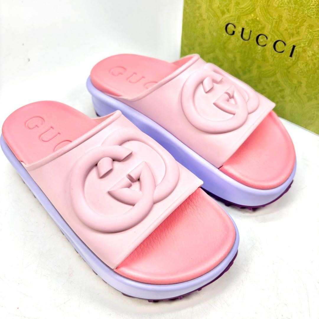 APL GUCCI Mules Sandali Frat ad incastro gomma rosa EU36 US6 90687c