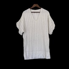 Banana Republic Women Striped Linen V-Neck Mini Dress M White Blue Coastal Puff