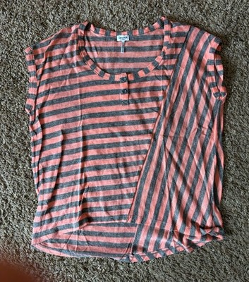 Splendid Orange Salmon Gray Striped Sleeveless Tee Top Sz XS Button Scoopneck