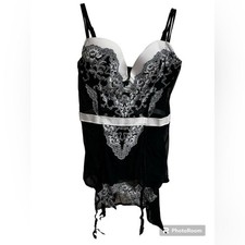 VTG Victoria Secret Black Bombshell Babydoll Chemise 36C satin Push up bra Y2K