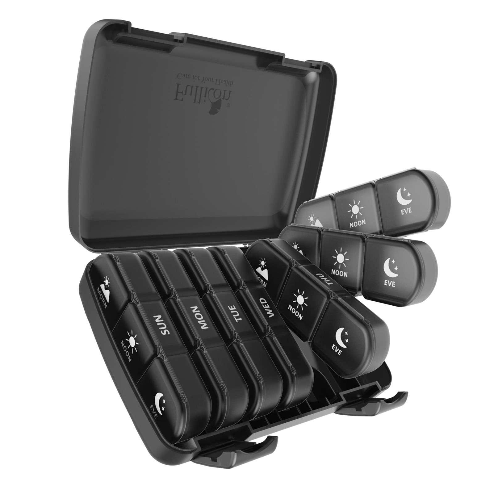 Fullicon Weekly Pill Box Organiser 3 Times A Day, 1 Count (Pack of 1), Black