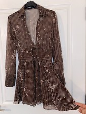 Ladies BNWOT Sz 4-6 Zara Brown Mix Partially Lined Check Chiffon Fit/Flare❤️L33