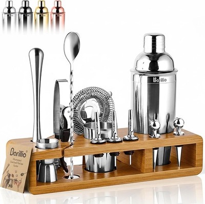 Barillio Bartender Kit - Stainless-Steel Cocktail Shaker Set w/Bamboo Stand -