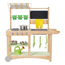 Outdoor Wooden Mud Kitchen for Kids with Sink, Canopy, Wheels, and Cookware