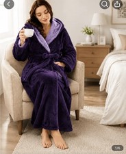 Women s Purple Plush Hooded Bathrobe Collared Tie Belt Pockets Long Sleeve
