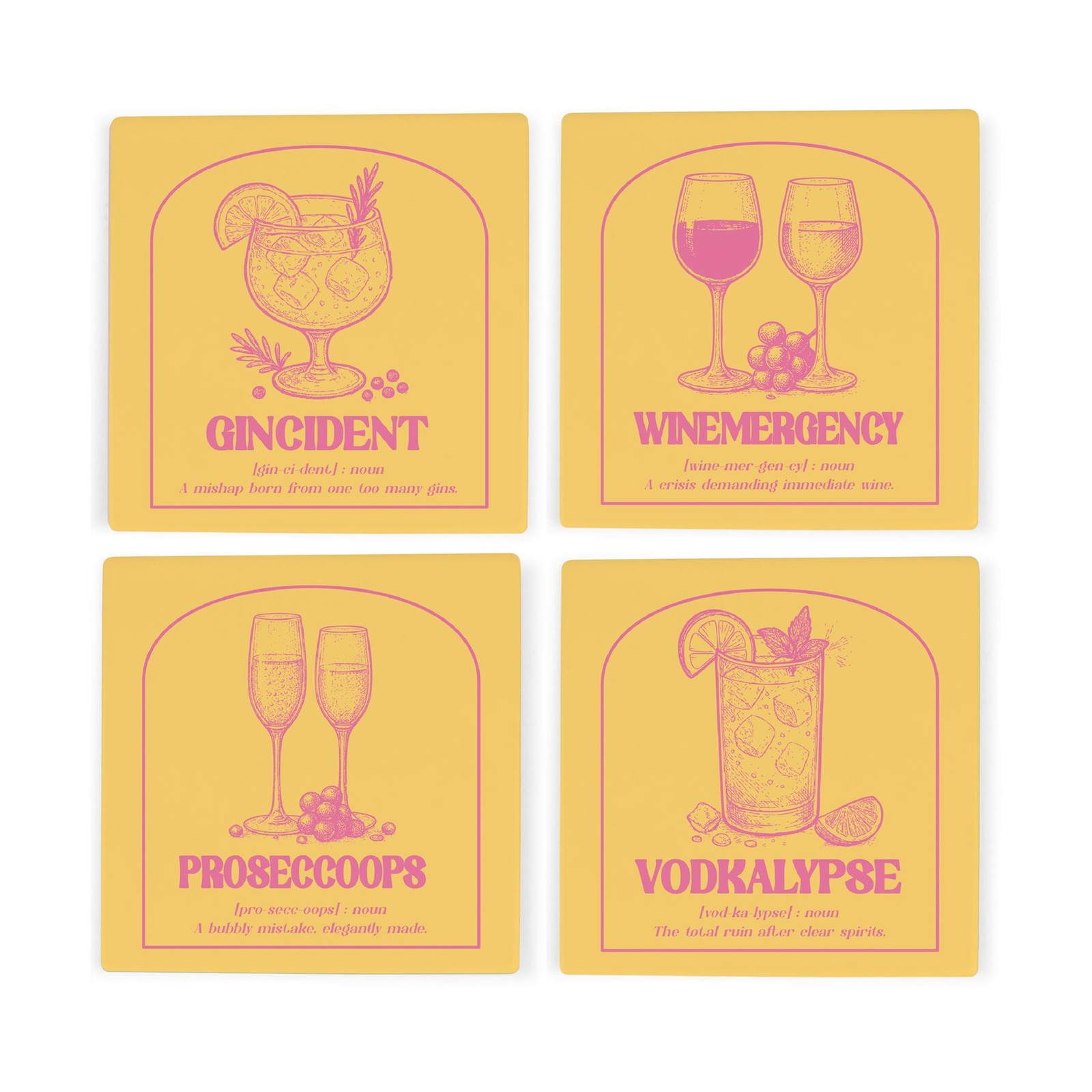Alcohol Mishaps 4x Yellow Ceramic Coasters - Tableware Gift for Home Bar