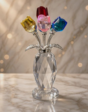 Crystal Multicolor Rose Flower Bouquet Arrangement Glass/Metal Vase 5.62"