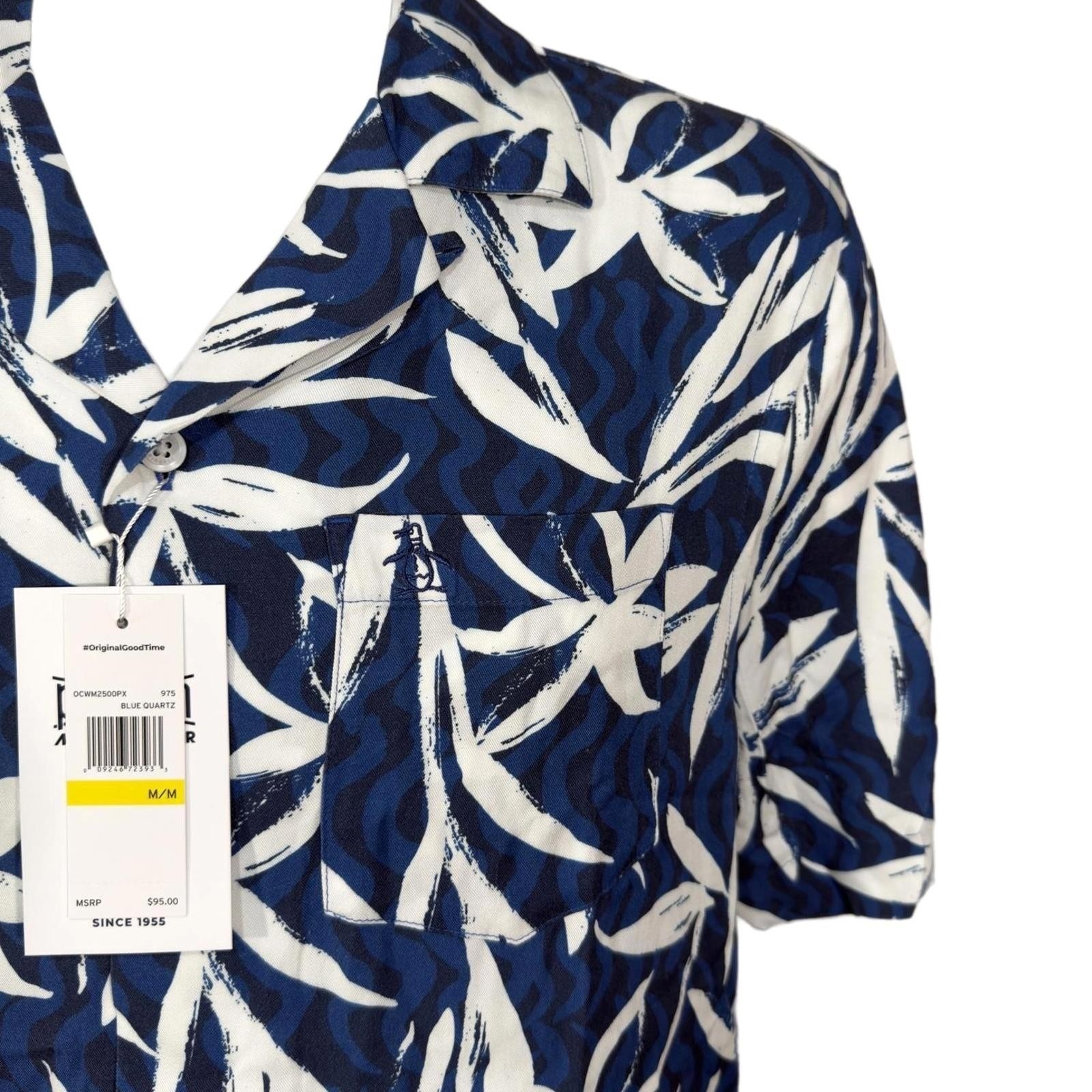 Original Penguin Mens Short Sleeve Button Up Shirt Navy Tropical Leaf Print M image 4