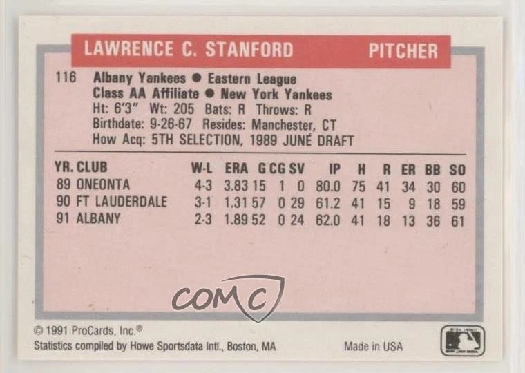 1991 ProCards Tomorrow's Heroes Larry Stanford #116 - Image 2 of 2