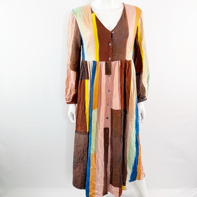 Caroline Collom X Gorman Patchwork Dress Size 10 Long Sleeve V Neck