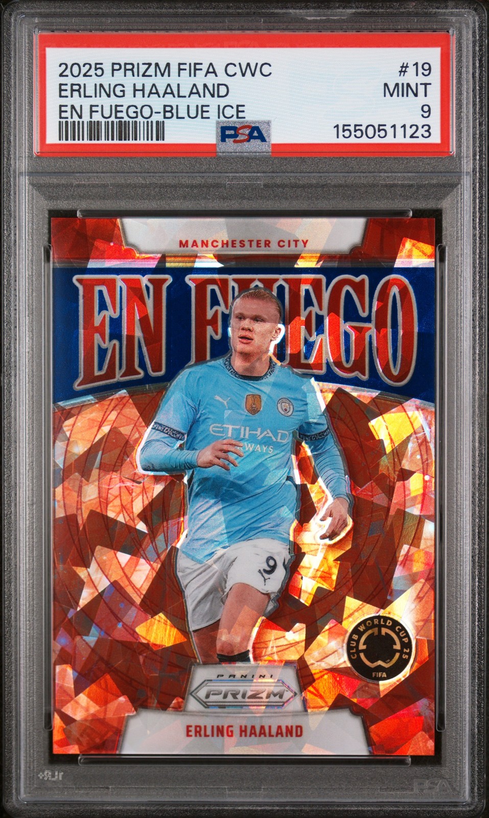2025 PANINI PRIZM FIFA CLUB WORLD CUP EN FUEGO #19 ERLING HAALAND 19/99 PSA 9