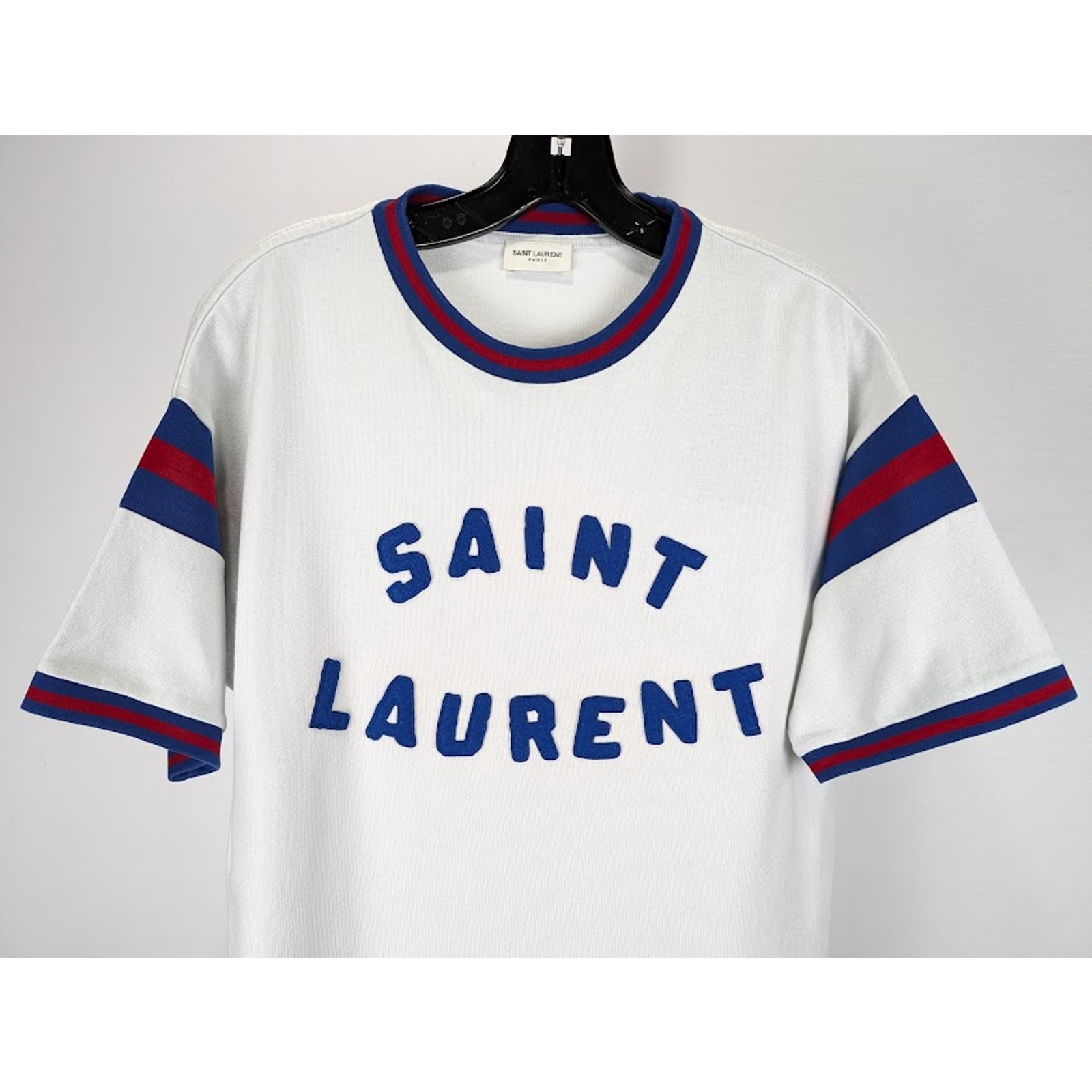 Saint Laurent Paris Patch Jersey Sport Vintage T Shirt in Ecrù Blu Roug Nuova con etichette L