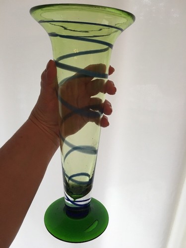12" Tall Hand Blown Stretched Fluted Art Glass Vase- Blue/green - Picture 3 of 9