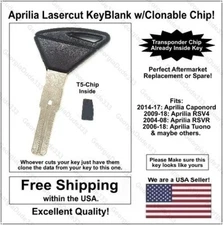 Aprilia AfterMarket Lasercut Key Blank with T5 Transponder Chip. "Read Listing"