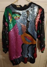 Vtg 80s Judith Ann Creations Abstract Silk Sequin Dress Sz S Eyes Lip Multicolor