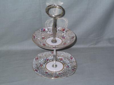 Vintage Colclough Porzellan 2-stufiger Keksteller kleiner Kuchenständer vergoldet & rosa Rosen