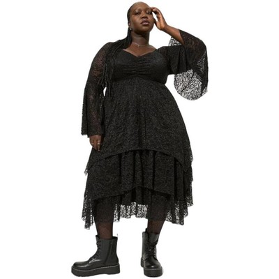 Torrid NWT Festi Maxi Lace Bell Sleeve Tiered Midi Dress Size 1X Black Goth 
