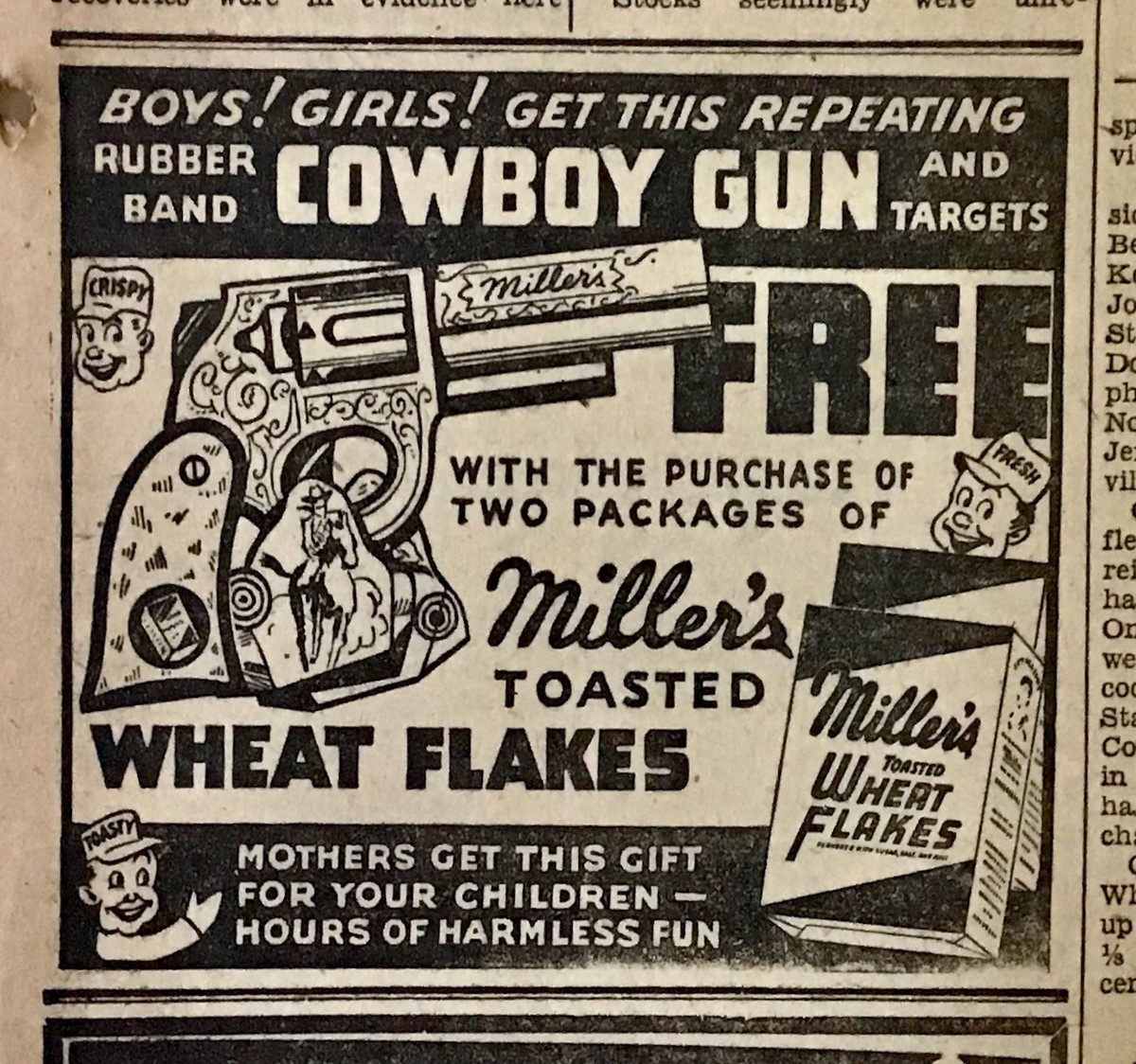 1940 newspaper ad for Miller's Wheat Flakes - Rubber Band Cowboy