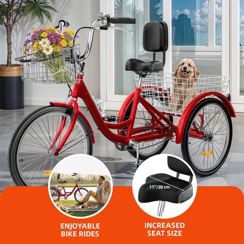 24" Adult Cruiser Beach Tricycle Trike Single 1 Speed w/ Retractable Basket Red - Picture 4 of 11