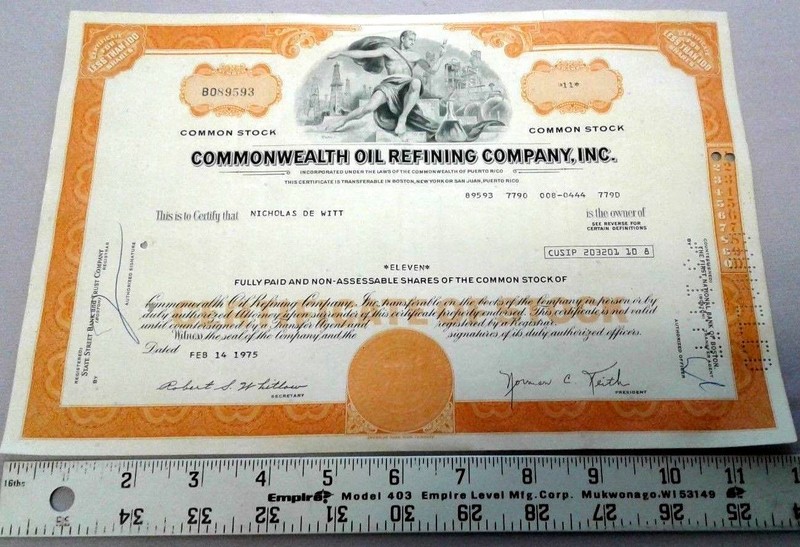 Bono Acciones CORCO OIL Stock Share PEÑUELAS Puerto Rico Vale Ficha Token SciOra