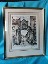 CADRE AVEC GRAVURE EAU FORTE R. HEBBELINCK BRUXELLES PORTE DE LA CIGOGNE ESTAMPE