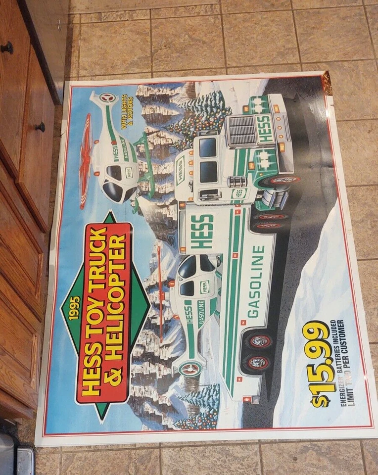HUGE 5 FEET X 43" Hess Gas Station Toy Truck Helicopter Plastic Poster Sign 1995 - Image 3 of 4