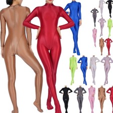Womens Oil Shiny Full Body Leotard See Through Stretchy Long Sleeve Unitard