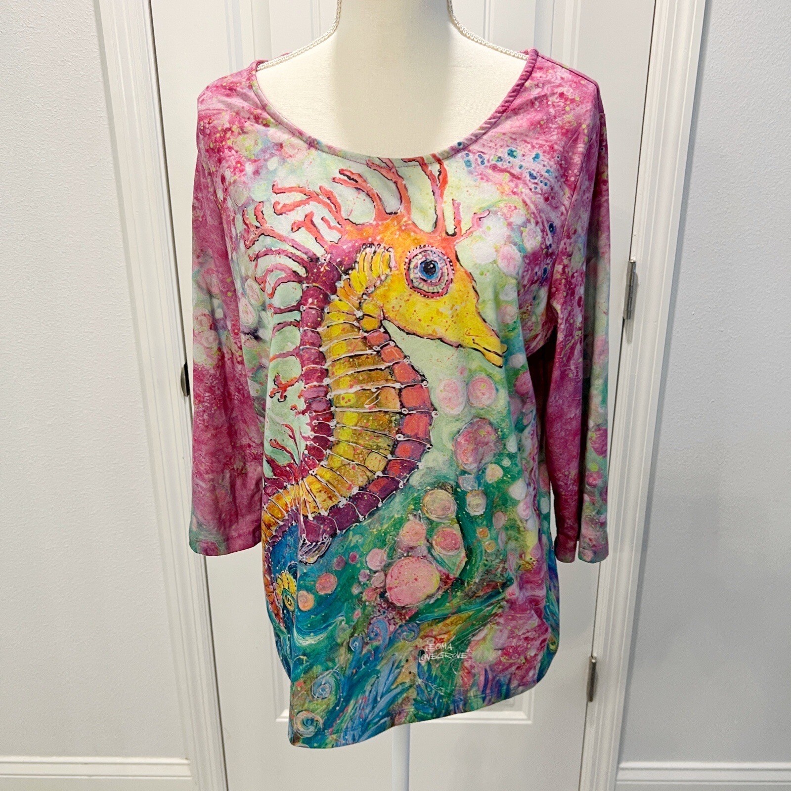 Leoma Lovegrove Seahorse Women's Shirt 3/4 Sleeve Watercolor Ocean Size