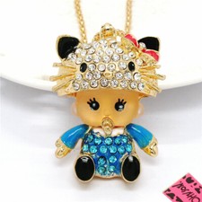New Fashion Women Blue Crystal Resin Cat Head Baby Pendant Chain Necklace Gift
