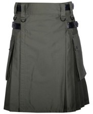 Olive Green Utility Kilt for Men with Pockets and Straps   Gothic Tactical Style