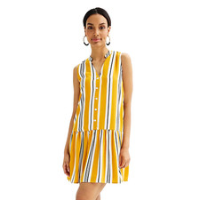 Nine West Gold Awning Stripe Yellow Black Button Front Ruffle Hem Mini Dress L