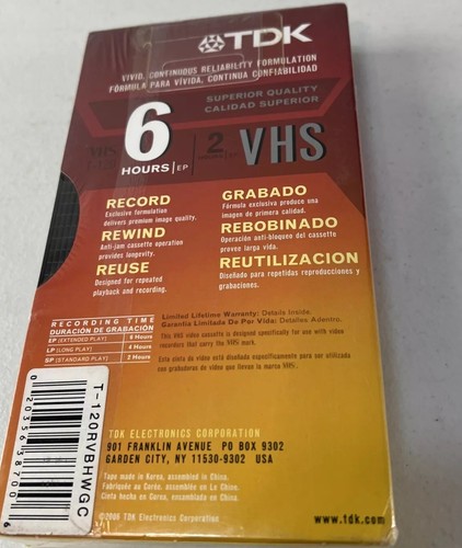 TDK Superior Quality 6 Hrs HS VHS T-120RV Blank Video Tape NEW Sealed - Picture 2 of 3