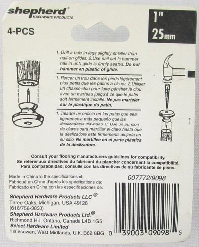 Shepherd 9098 1-Inch Nail-On Furniture Glides - 4-Pack, Protects Floors & Reduces Noise