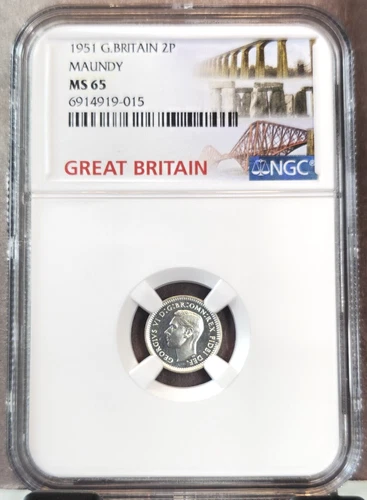 1951 GREAT BRITAIN SILVER 2 PENCE GEORGE VI MAUNDY NGC MS 65 RARE GEM BEAUTY