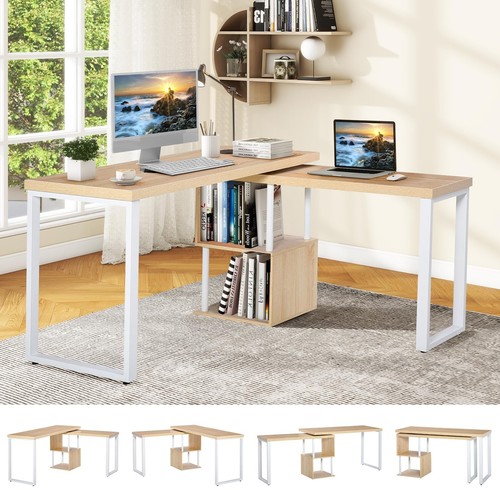 Computer Desk, 360° Rotating Corner L Shaped Table with Storage Shelves, Home...
