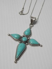 MEXICAN / TAXCO SOUTHWESTERN STERLING SILVER TURQUOISE CROSS NECKLACE FREE CHAIN