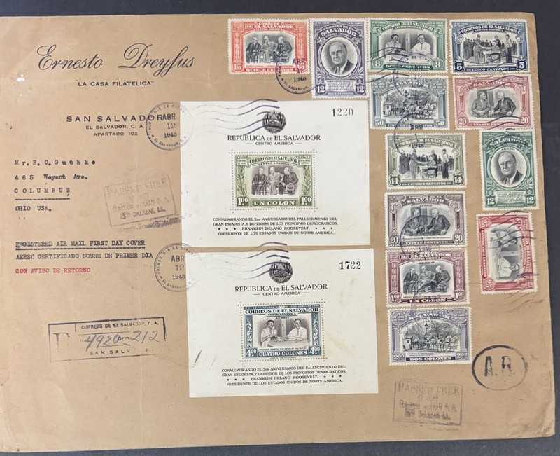 El Salvador, Scott #606-611, C111-C117, F.D.R. Issue, Registered First Day Cover