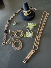 Vintage Gold Filled Jewelry Lot Of 7 10K Jade Earrings Necklace Rings