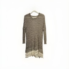 Ryu Luxury Open Knit Grey and Cream Long Sleeve Dress W/ Lace Bottom Second Hand
