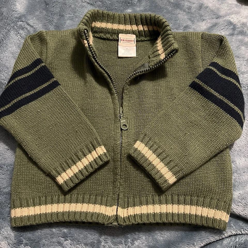 Arizona Jean Co. | Boy’s Olive Green Zip Up Sweater With Beige Trim | Size 3 T - Image 2 of 4