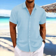 Men Striped Button Down Shirts Grandad Summer Short Sleeve Casual T Shirt Tops