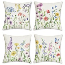 Floral Throw Pillow Covers 18 x 18 Inch Spring Summer Garden Flowers Birds De...