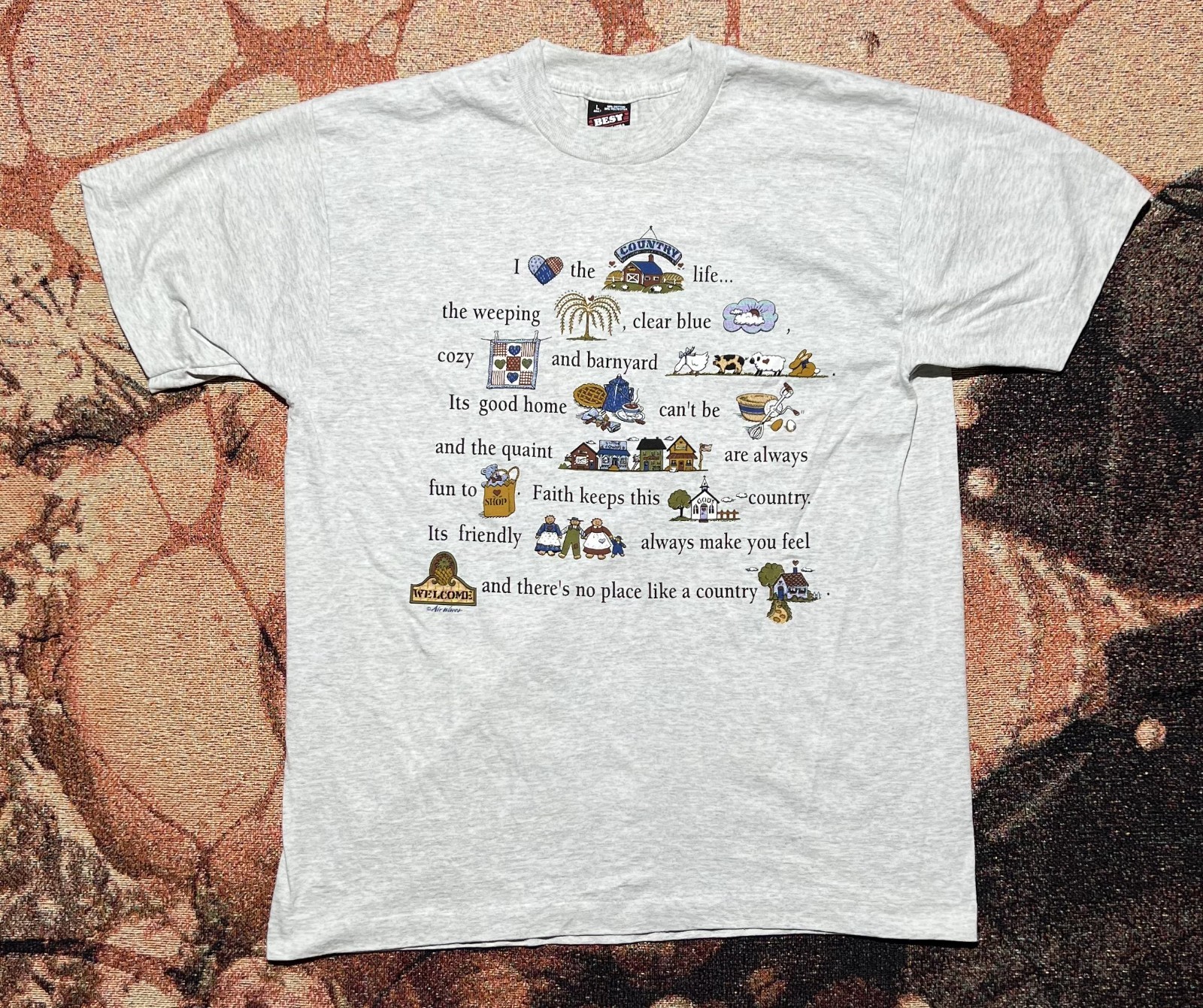 Gray VINTAGE tee with “Country Life” text, floral border, and USA map graphic with red and blue country names.