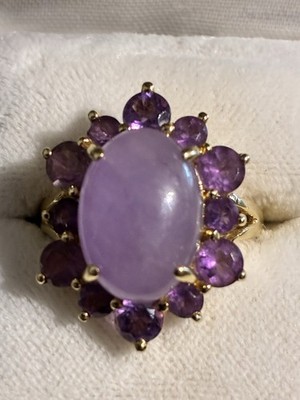 VTG 14K YELLOW GOLD LAVENDER JADE CABOCHON AMETHYST HALO RING EA HONG KONG 6