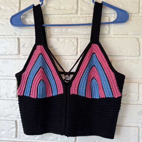Madden NYC Black/Pink/Blue Crochet Crop Top Straps Size M Soft Heart - Picture 2 of 8