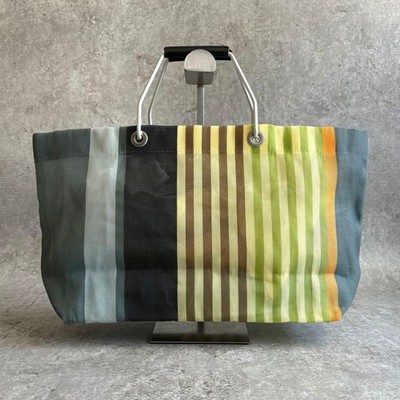 Auth MARNI Market Stripe Bag Gray Yellow Green Nylon Aluminium