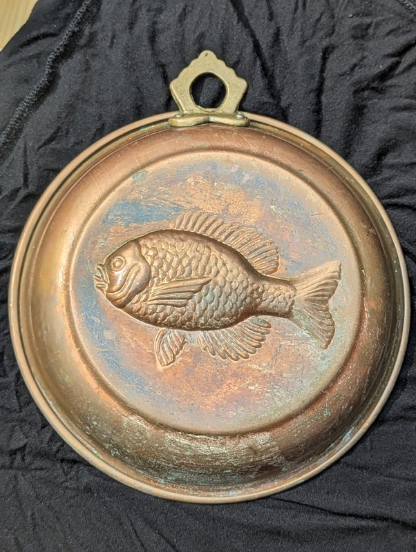Vintage Wall Hanging Copper Color Pan with Fish Mold Made in Korea 8.5" H