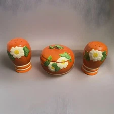 VTG Maruhon Ware Japan Flowered Tomato ceramic sugar bowl & salt/pepper shakers