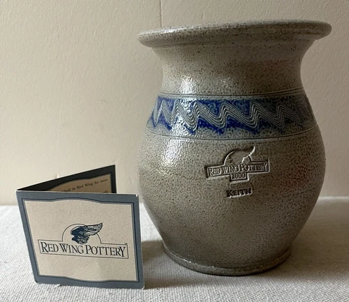Red Wing Salt Glazed Pottery 2000 Blue Wave Reddish Clay Signed KEITH (flaw)