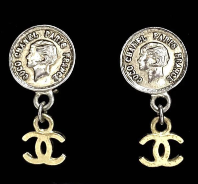 CHANEL Clip-on Swing Earrings Coin CoCo Mark Gold Silver 97P Made  